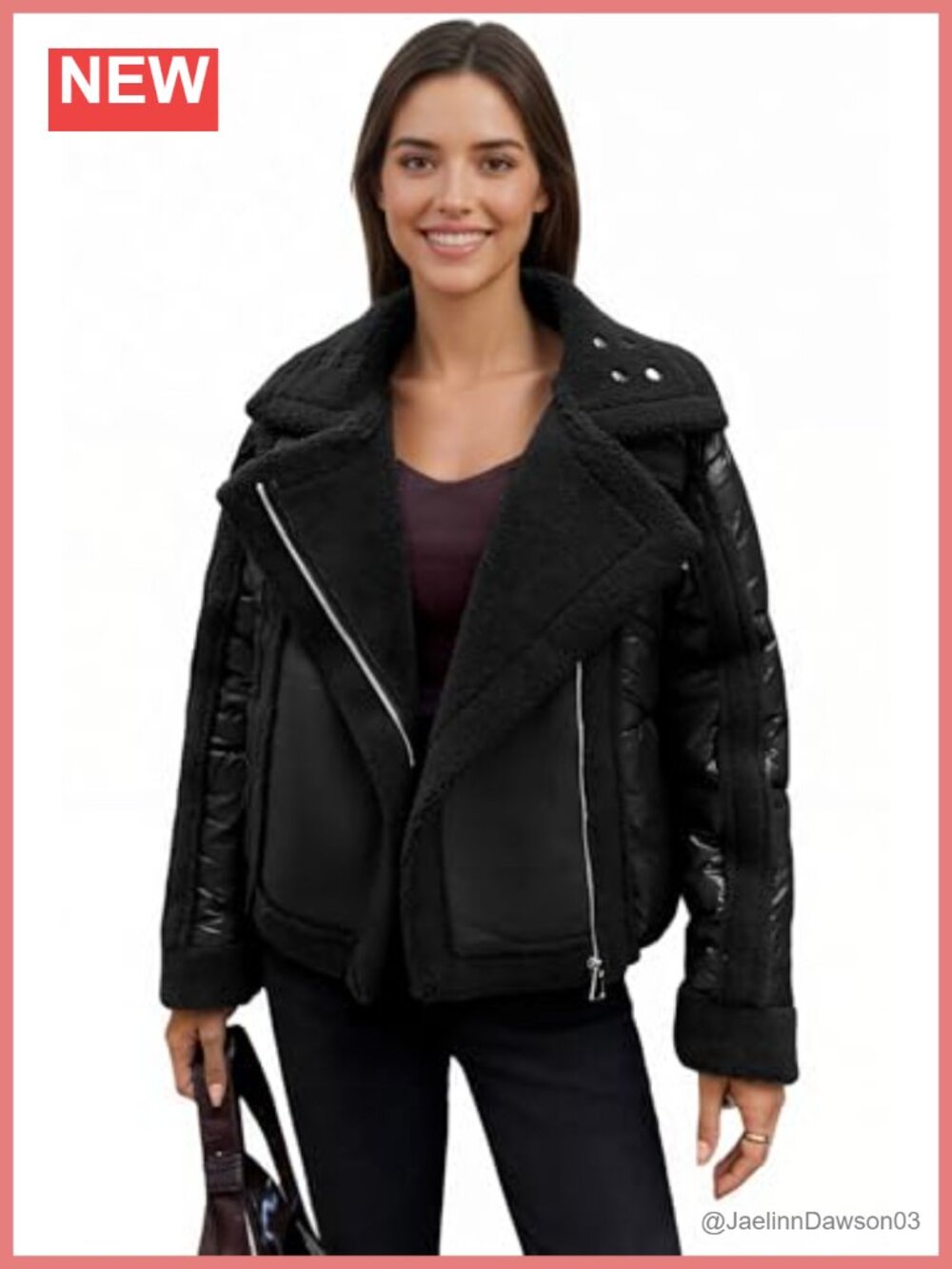 Sherpa Lined Puffer Jacket Quilted Faux Leather Patchwork Winter Coat
